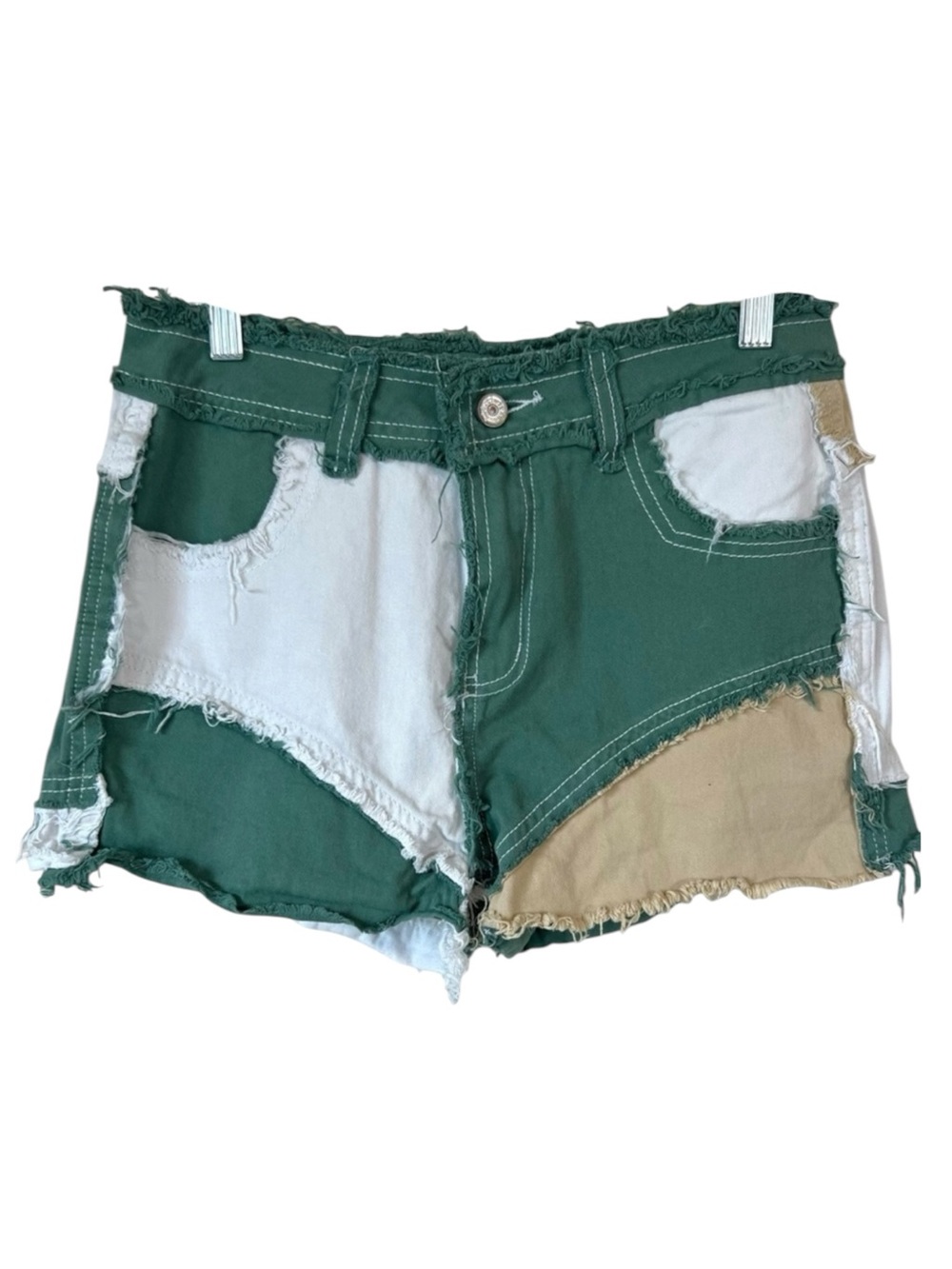 Potili High Waisted Distressed Color Block Denim Shorts